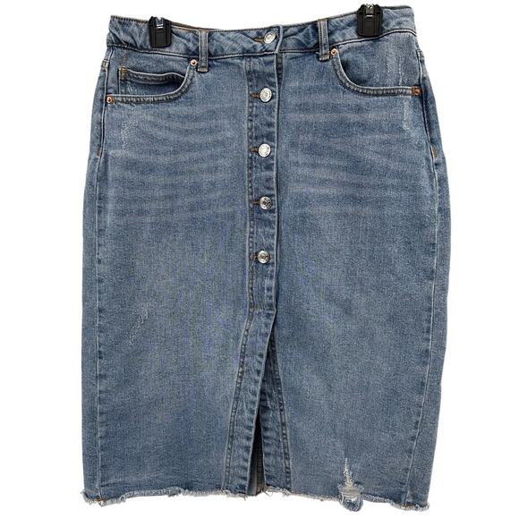 Wild Fable Jean Skirt SZ 10 Medium Acid Wash Denim Distressed Stretch Front Slit - Picture 1 of 6